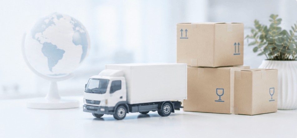 Camion de livraison, cartons et globe terrestre