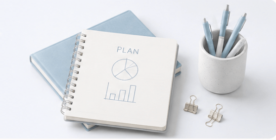 Carnet ouvert avec un plan et des graphiques