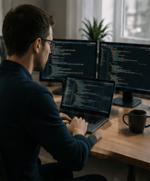 Développeur au travail devant plusieurs écrans affichant du code