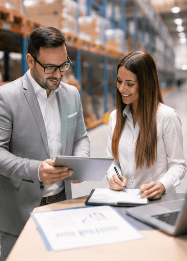 Professionnels en entrepôt, coordination logistique